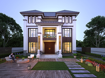 三层中式房屋设计图及效果图BZ3608-新中式风格