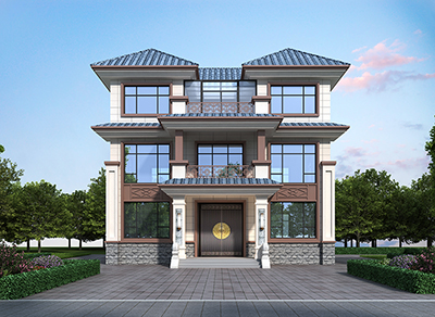 三层中式别墅外观效果图 造价40万BZ3573-新中式风格